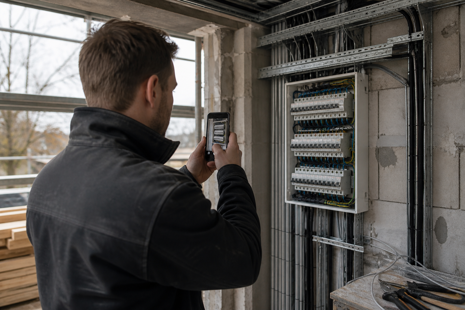 Handwerker dokumentiert eine Baustelle mit dem Handy